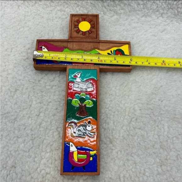 Wooden Cross with whimsical colorful animals tree butterfly sun 10" - Picture 8 of 12
